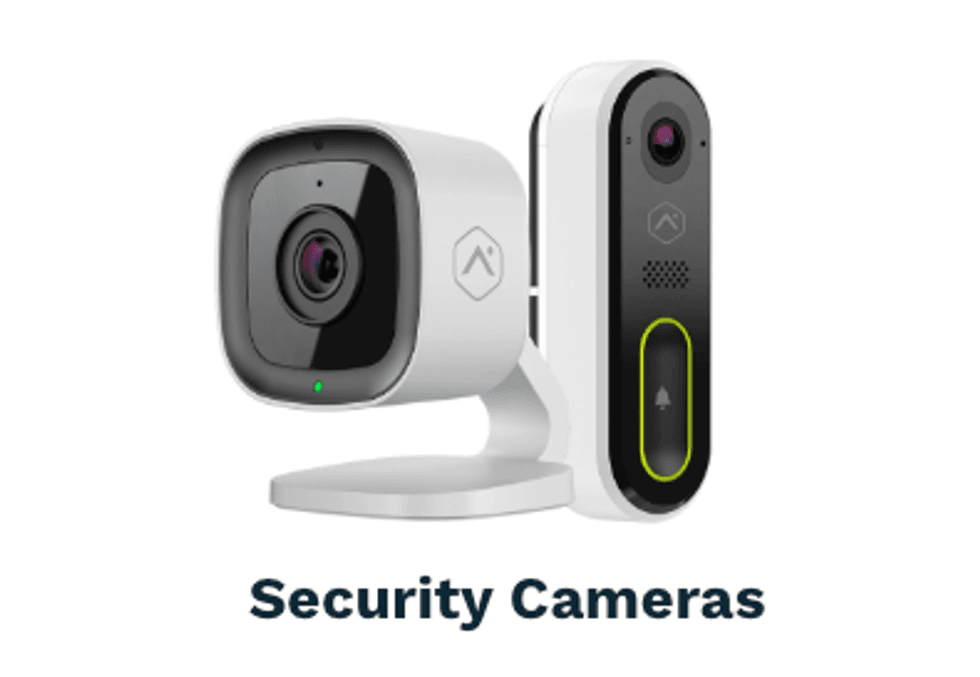 a porduct shot of a smart indoor camera and video doorbell that work with Brinks. Home Security