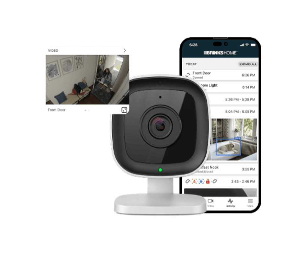 a product shot of Brinks Home Security Camera and mobile app