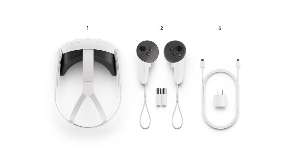 a product shot of Meta Quest 3 VR Headset and accessories