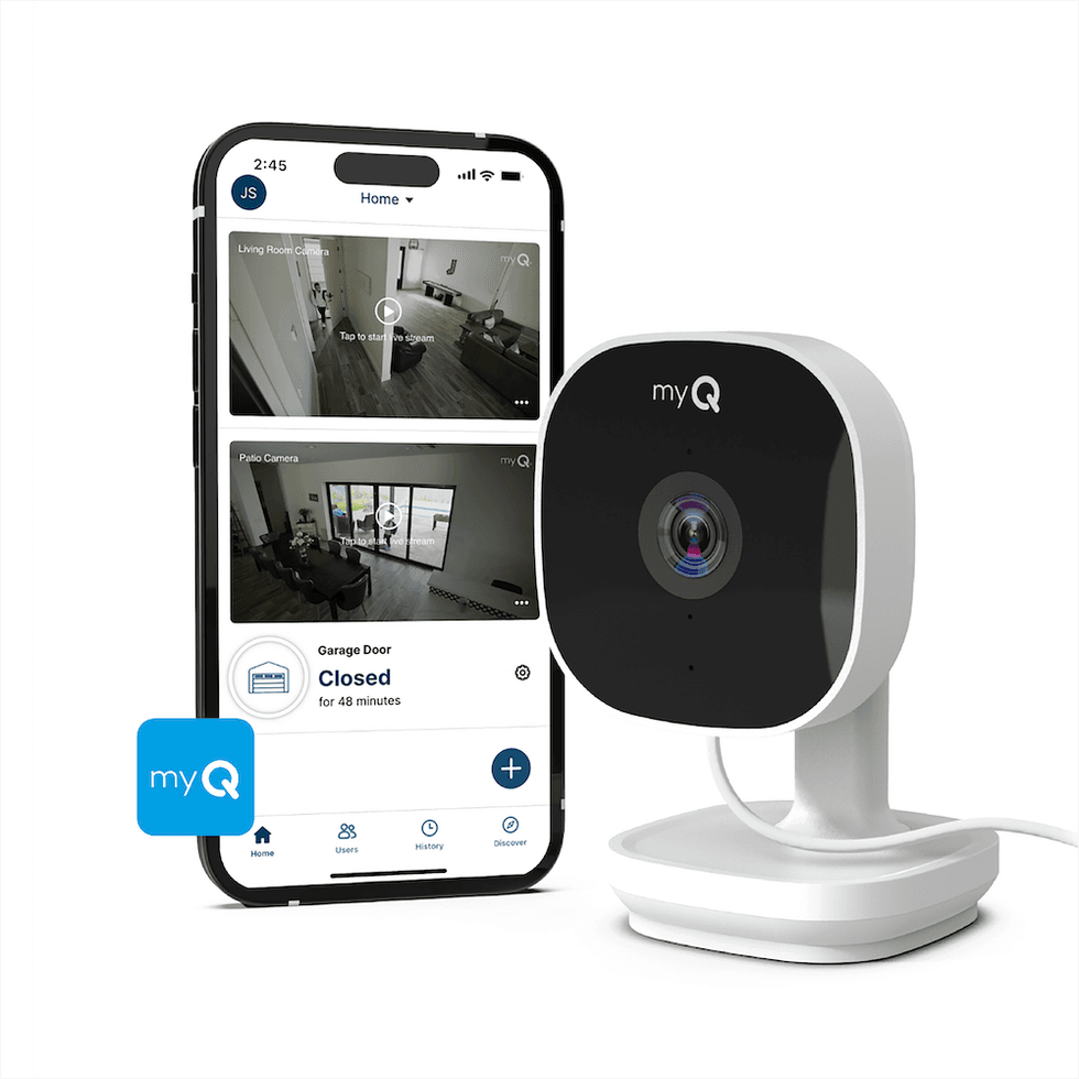 a product shot of myQ Smart Indoor Camera and a smartphone showing the myQ app