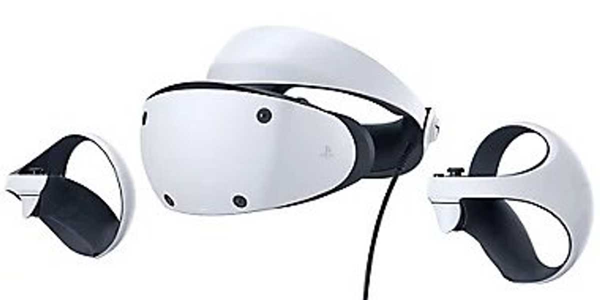 a product shot of PS VR2 VR Headset and controllers