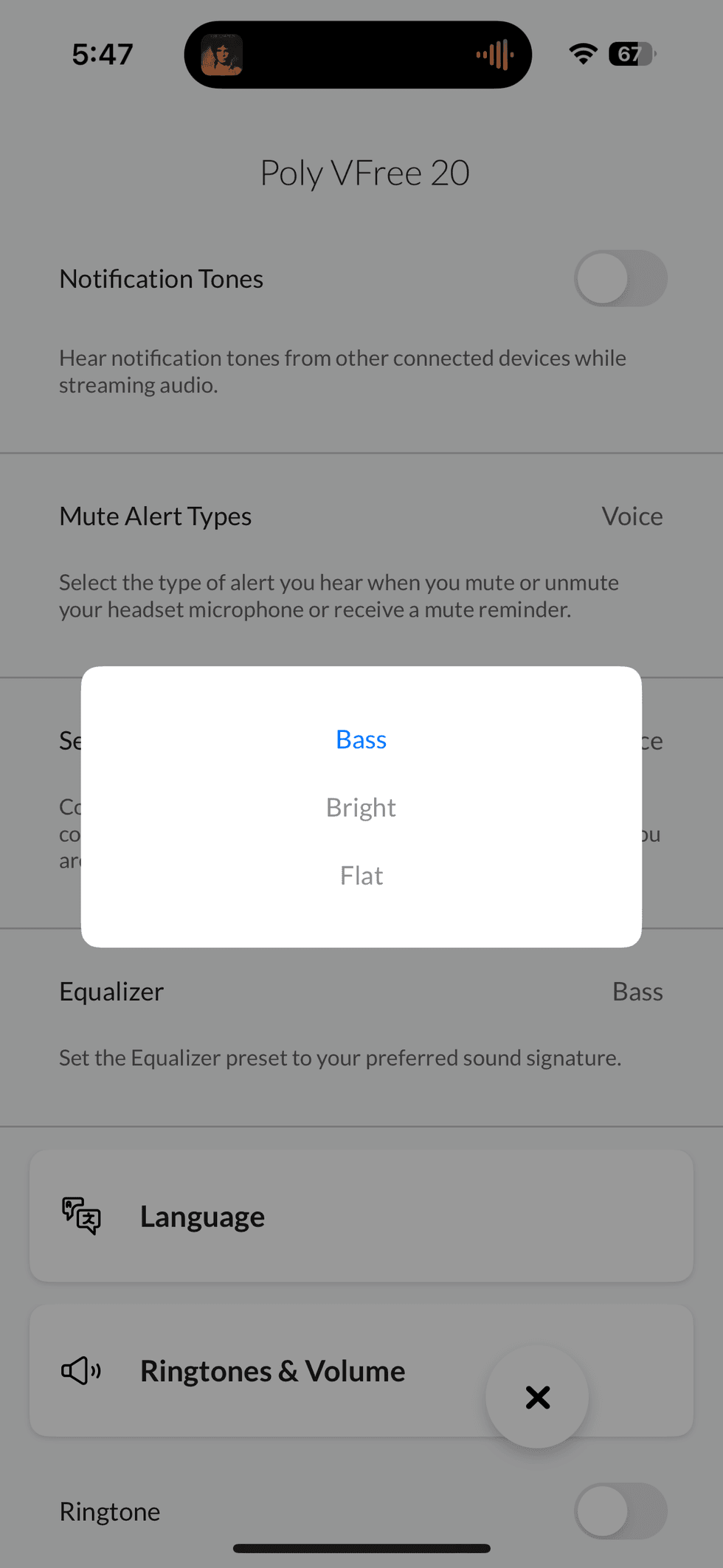 a screehshot of EQ settings in Poly app for Poly Voyager Free 20 True Wireless Earbuds