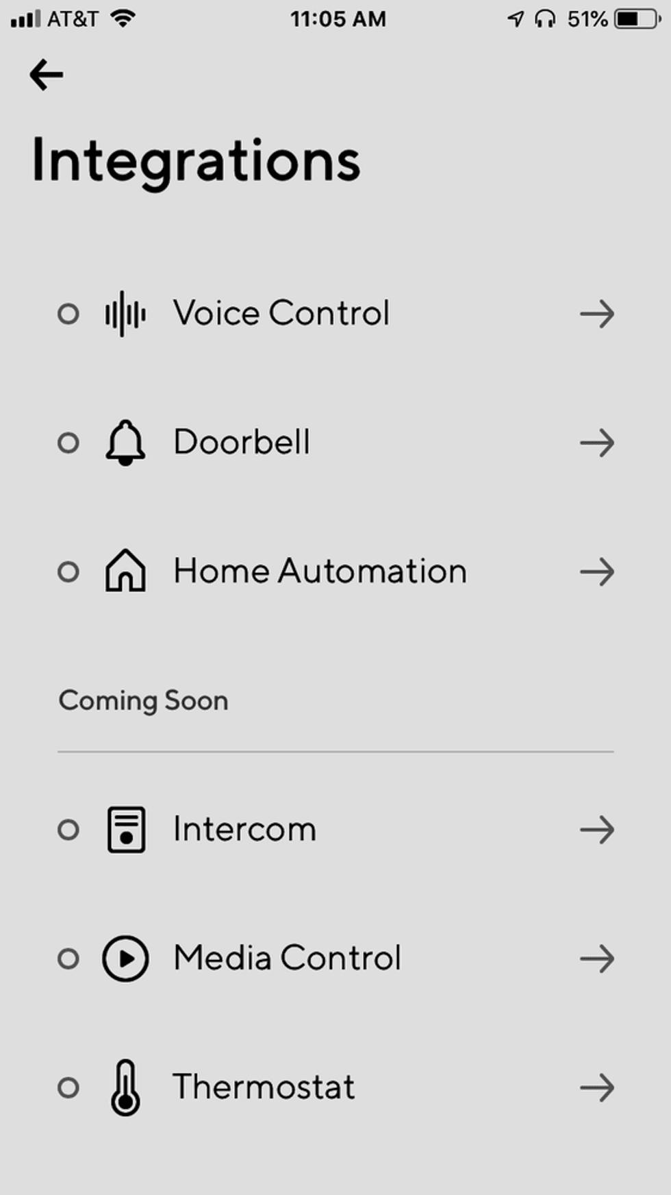 a screen shot of orro switch integrations screen in their app.