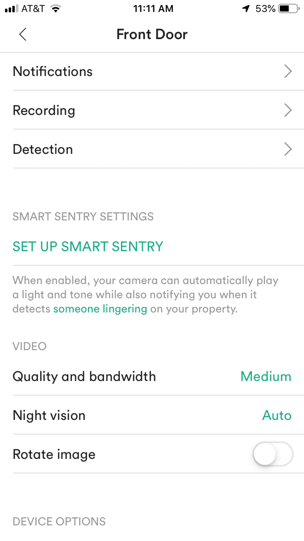a screen shot of the vivint app settings screen