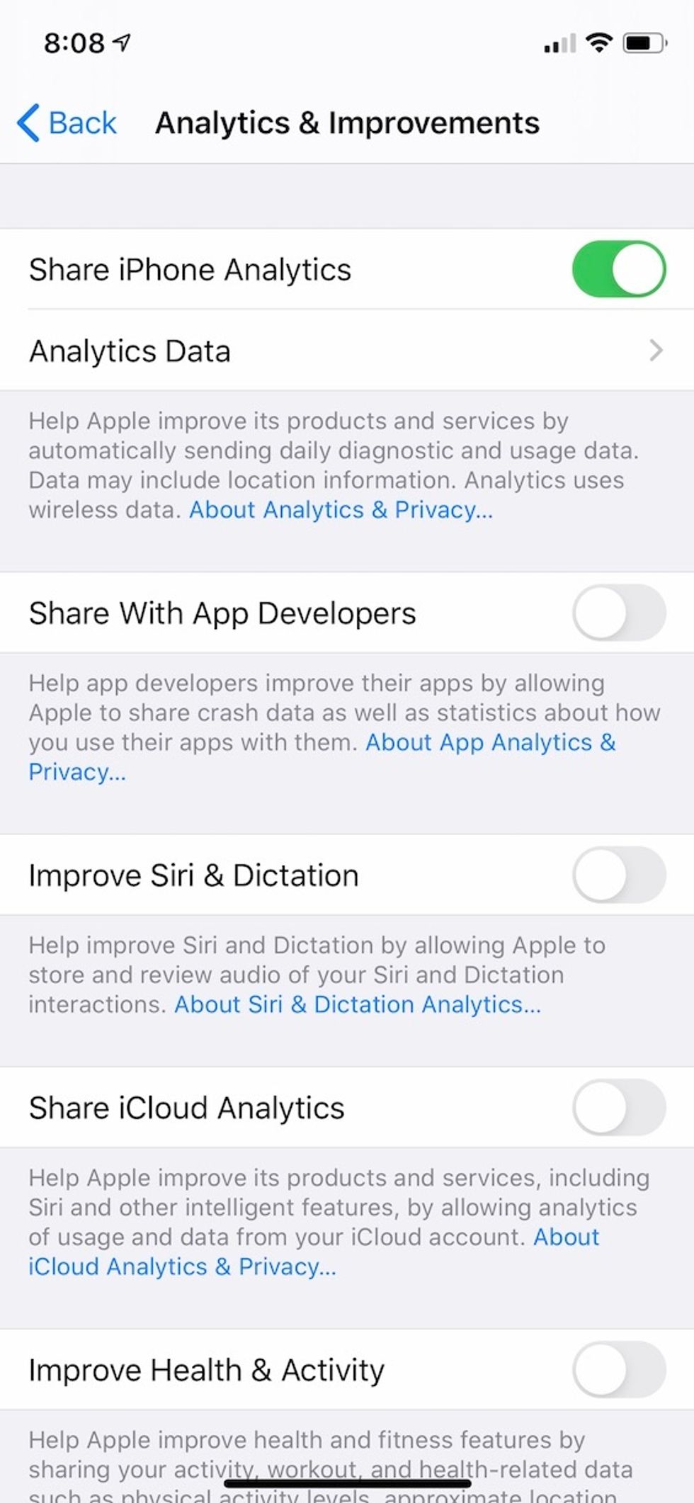 A screenshot from an iPhone, showing where people can opt-out of sharing their Siri recordings
