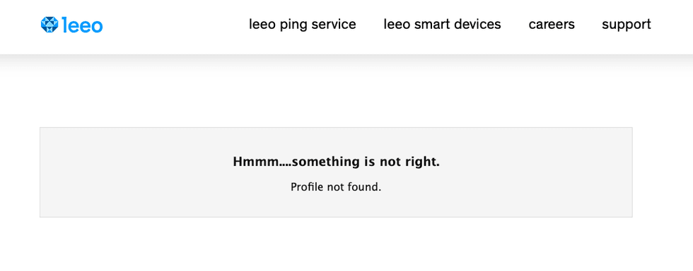 A screenshot from Leeo's web site saying 'Profile not found.'