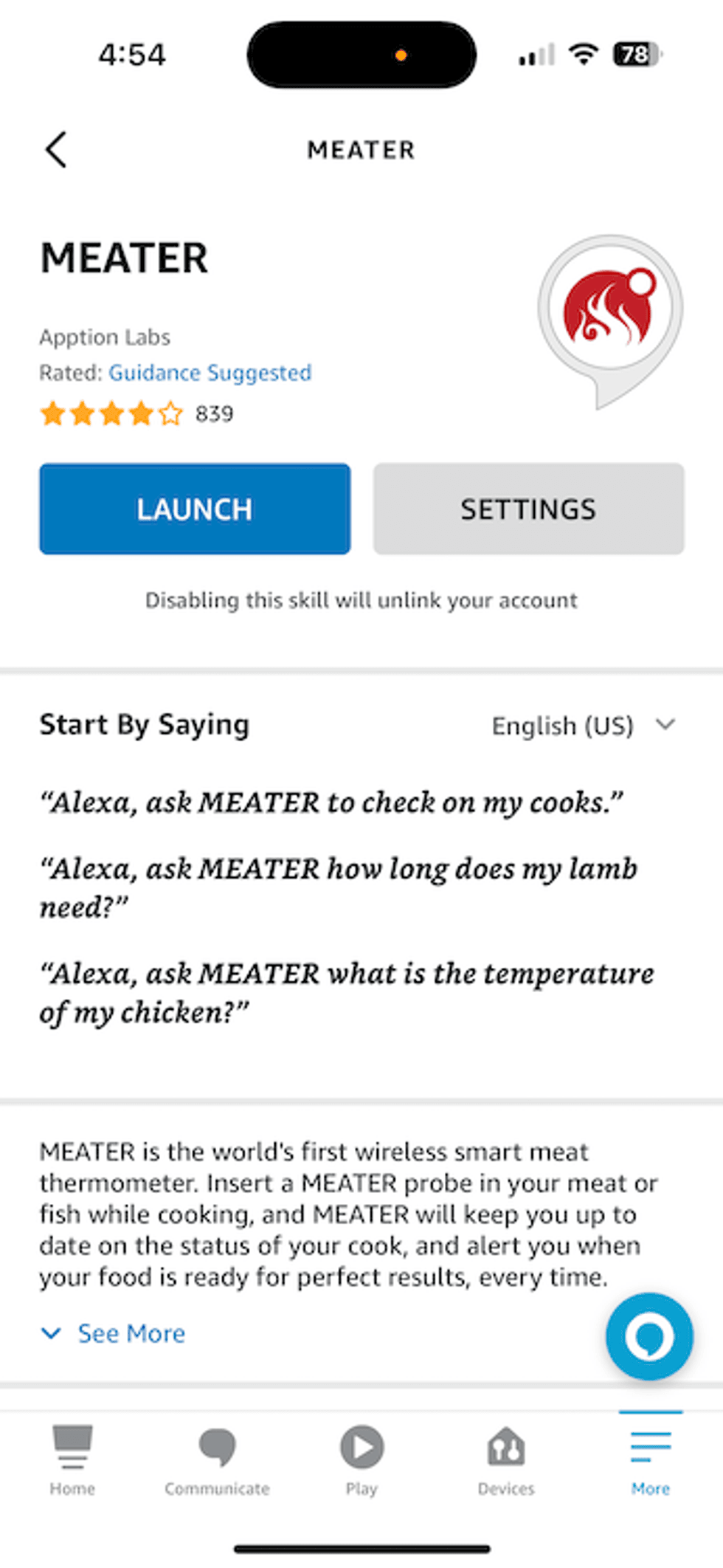 a screenshot of Alexa app for MEATER Skill