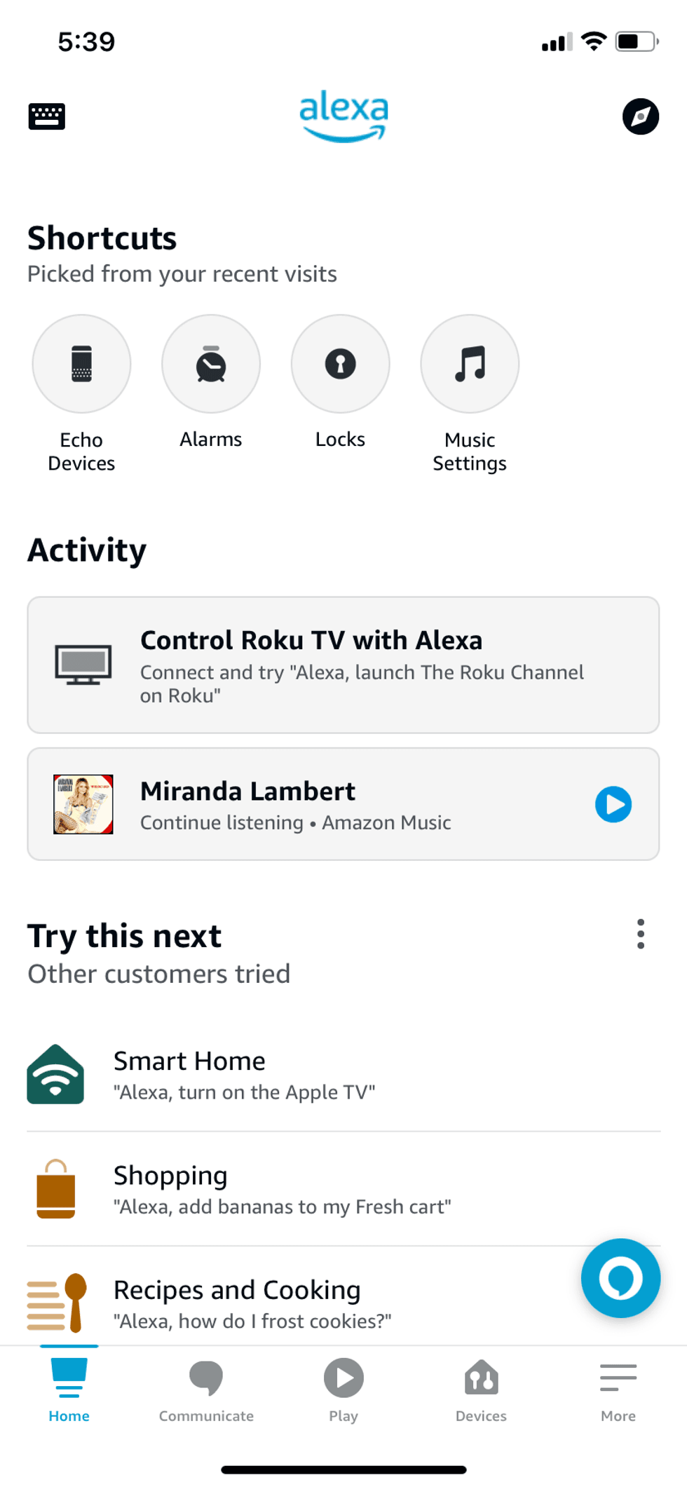 a screenshot of Alexa app homescreen showing easy access to Alarms