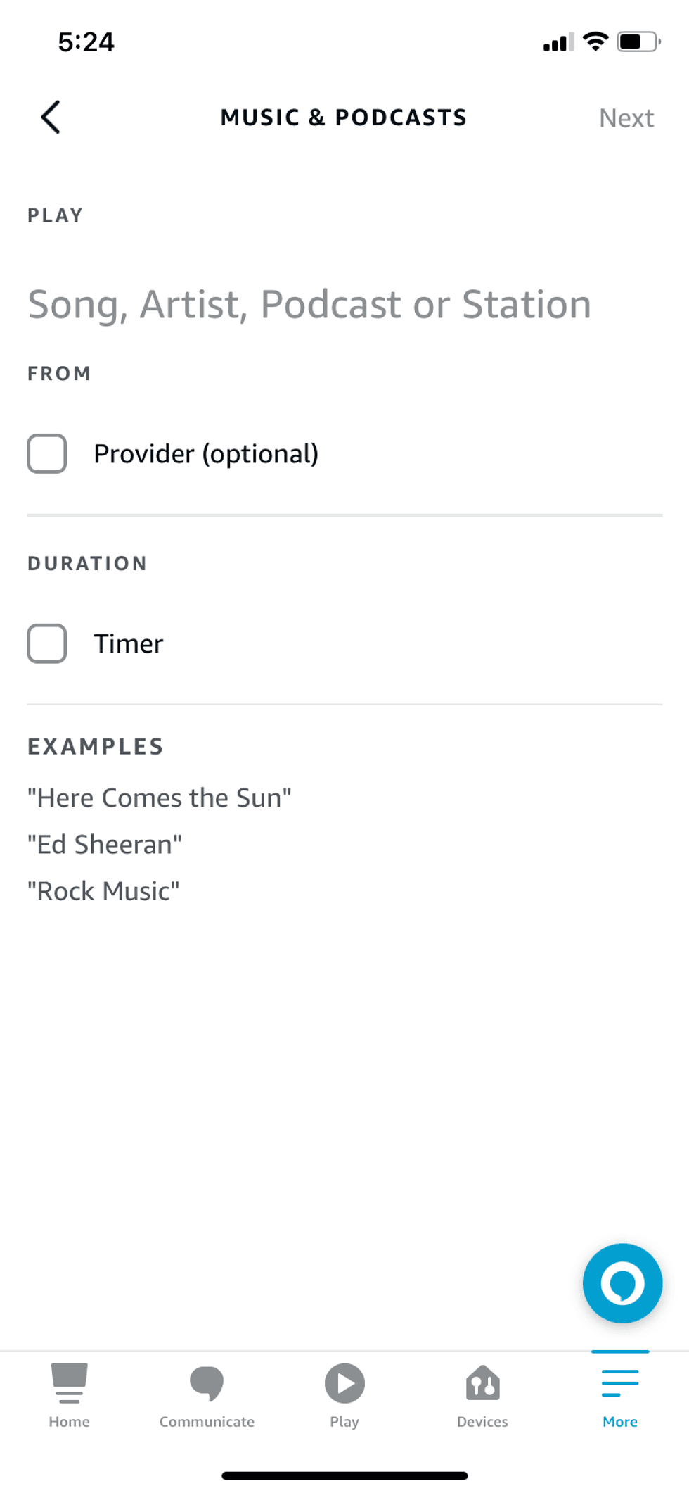 a screenshot of Alexa app showing how to select music, song or podcast to wake up to.