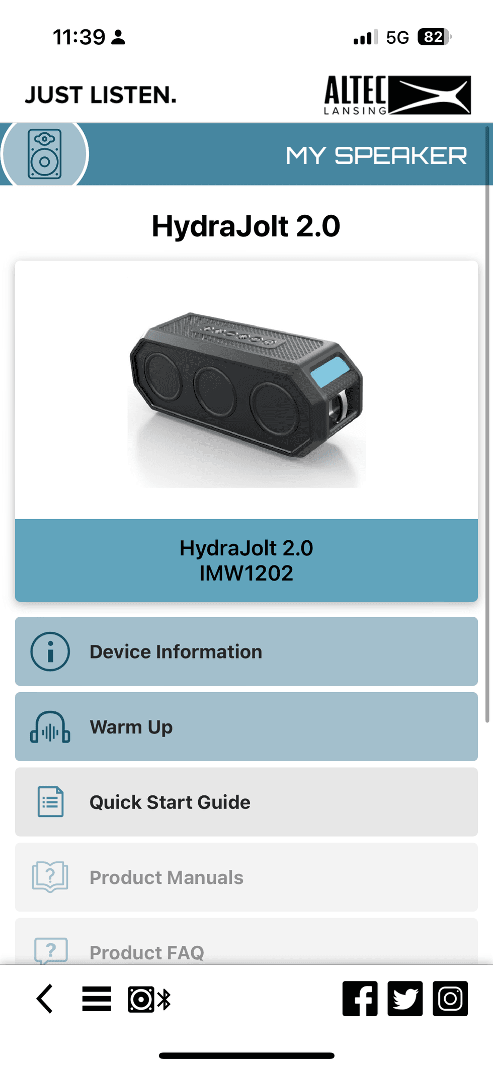 a screenshot of Altec Lansing HydraJolt 2.0 EVERYTHINGPROOF Wireless Speaker homescreen in Altec Lansing app