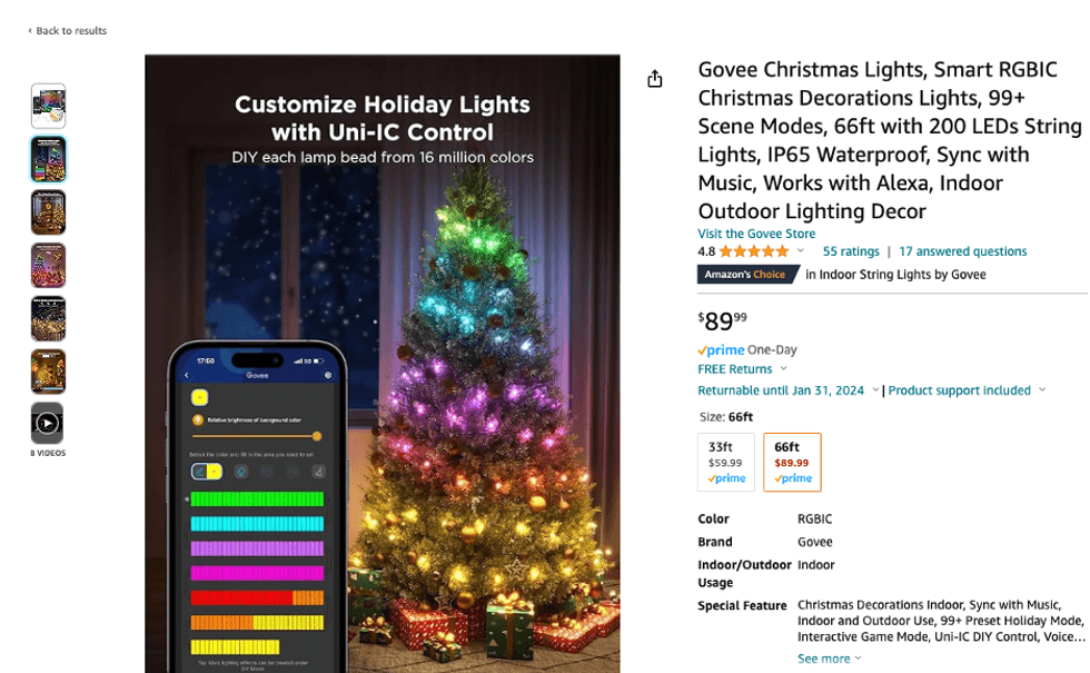 a screenshot of amazon page selling Govee Outdoor LED Strip Lights