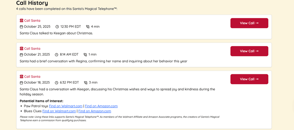 a screenshot of calls to Santa and what was discussed.
