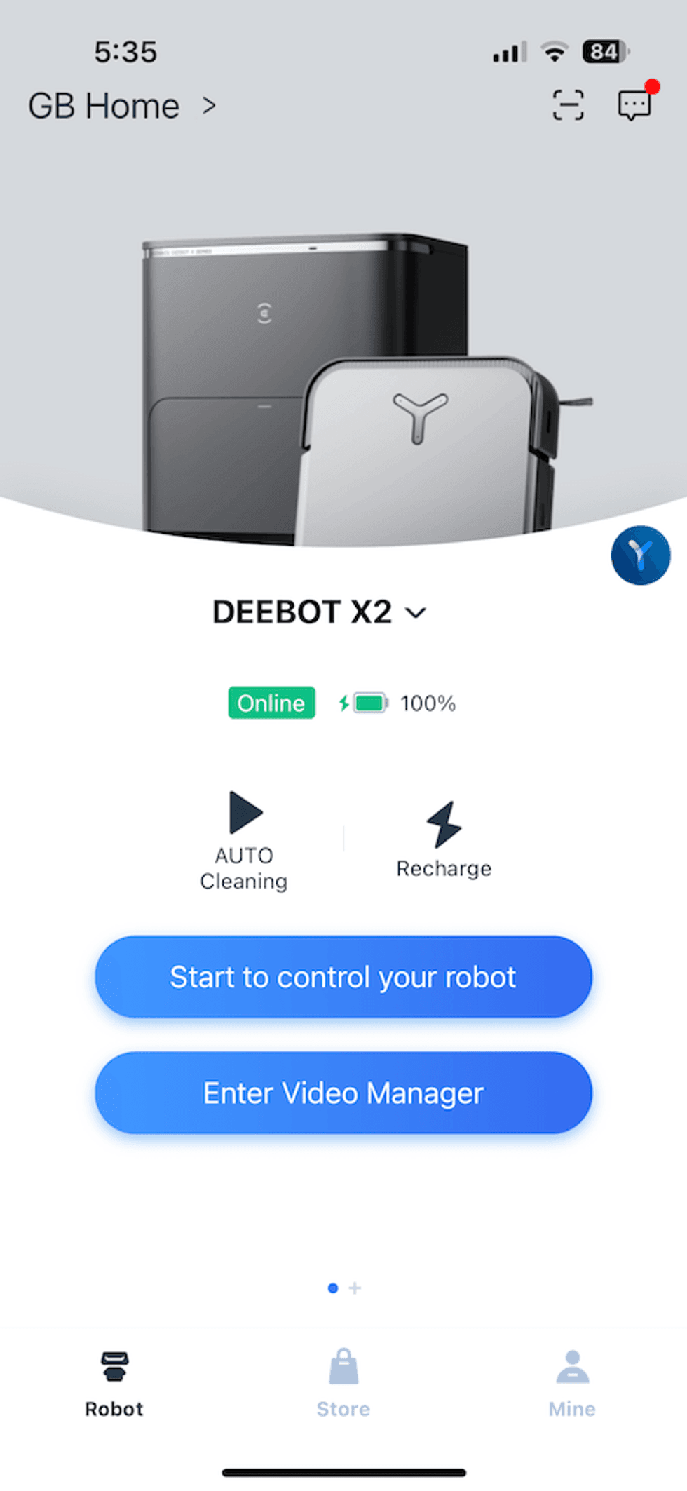 a screenshot of Ecovacs app homescreen