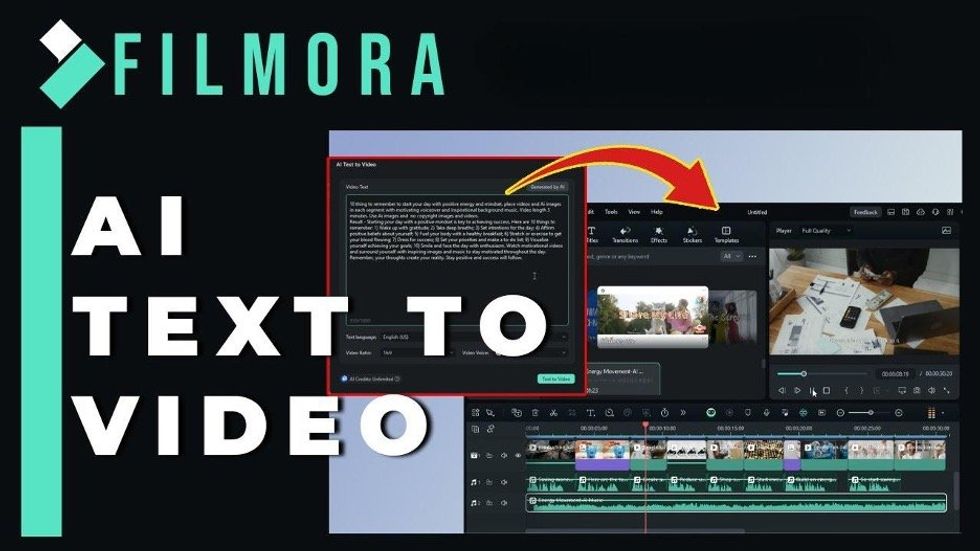 a screenshot of Filmora's AI Text to Video home page.