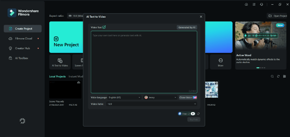 a screenshot of Filmora's dashboard