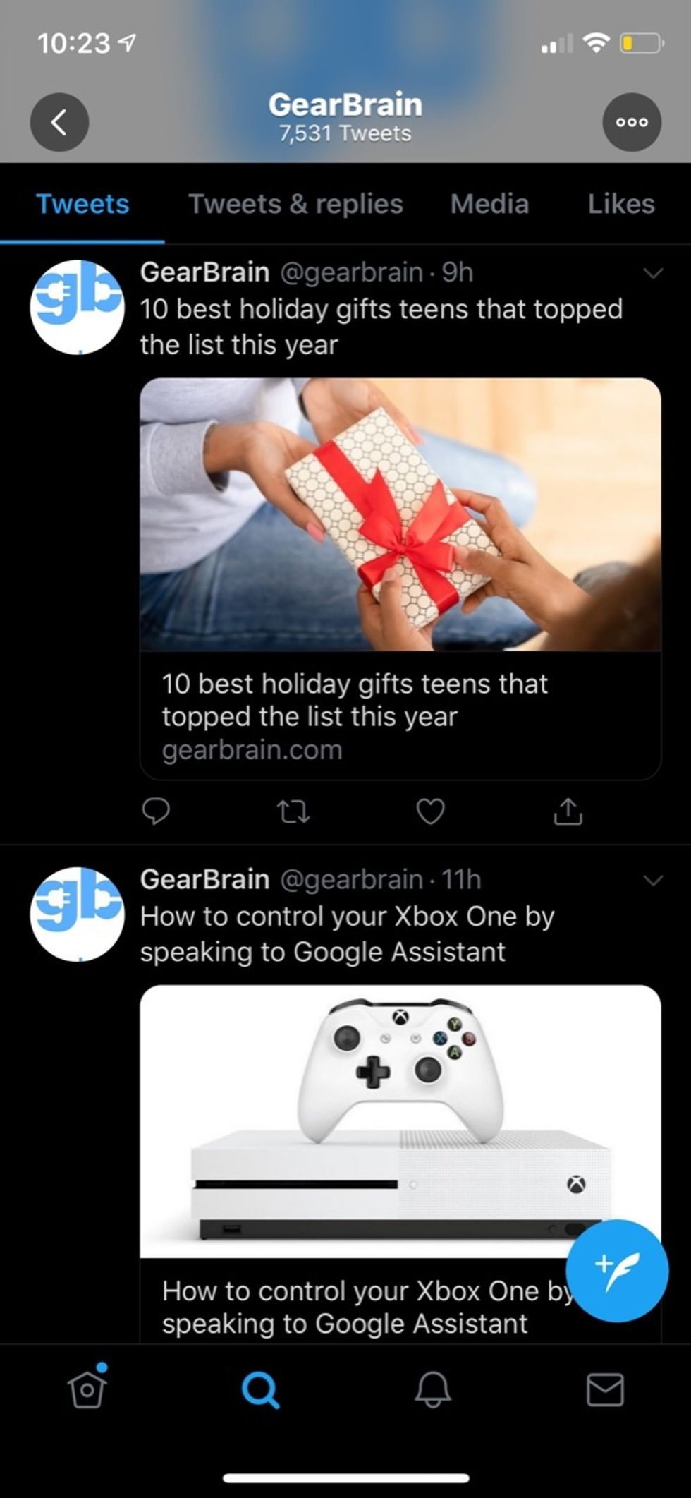 A screenshot of GearBrain's handle on Twitter viewed in Dark Mode, with a black background