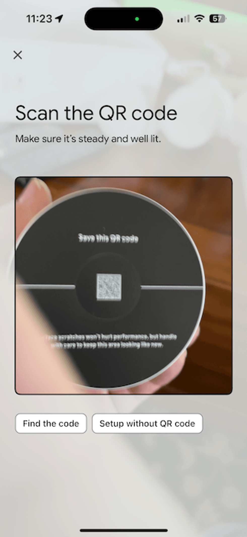 a screenshot of Google Home app showing how to scan QR code to get to directions for installing the Google Nest Cam with Floodlight (Wired)