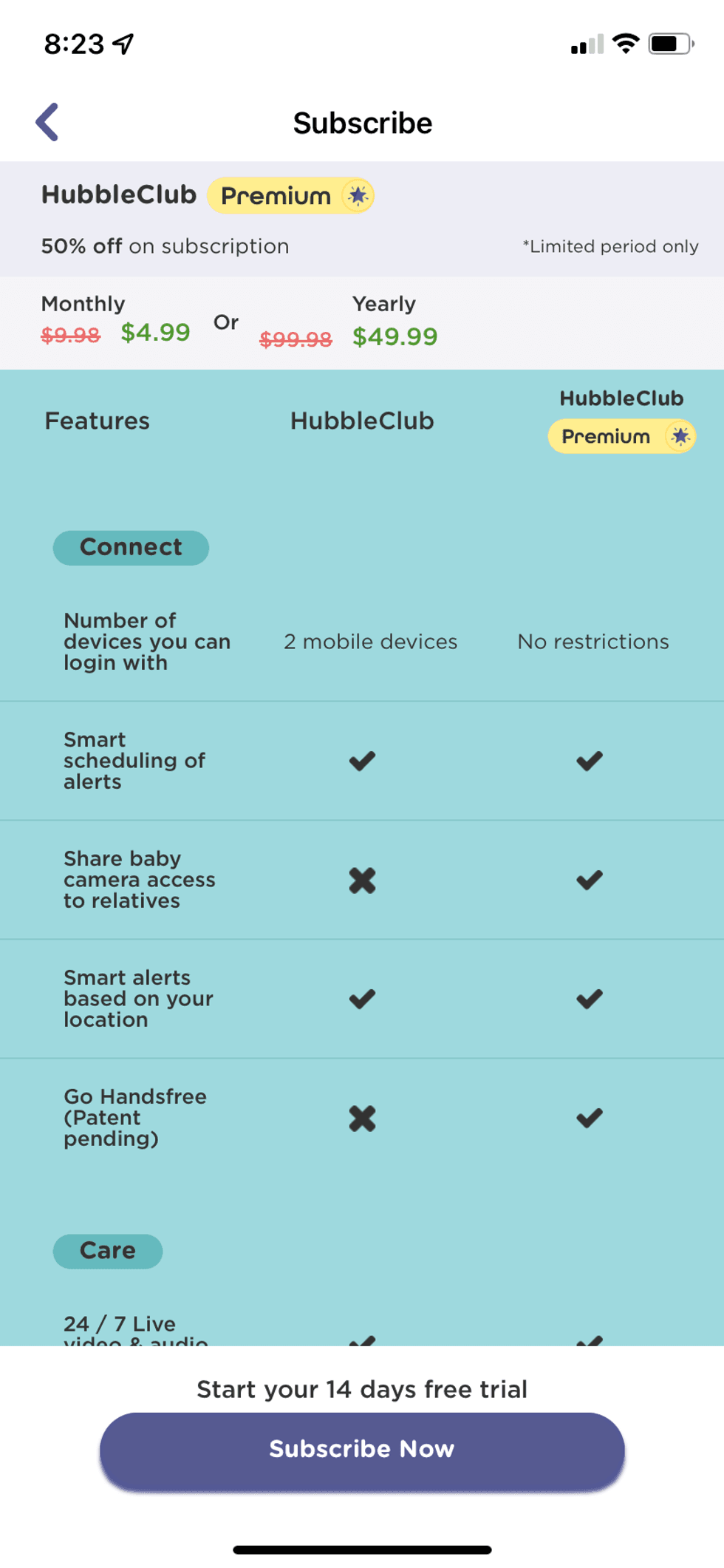 a screenshot of HubbleClub Premium service details in the HubbleClub app