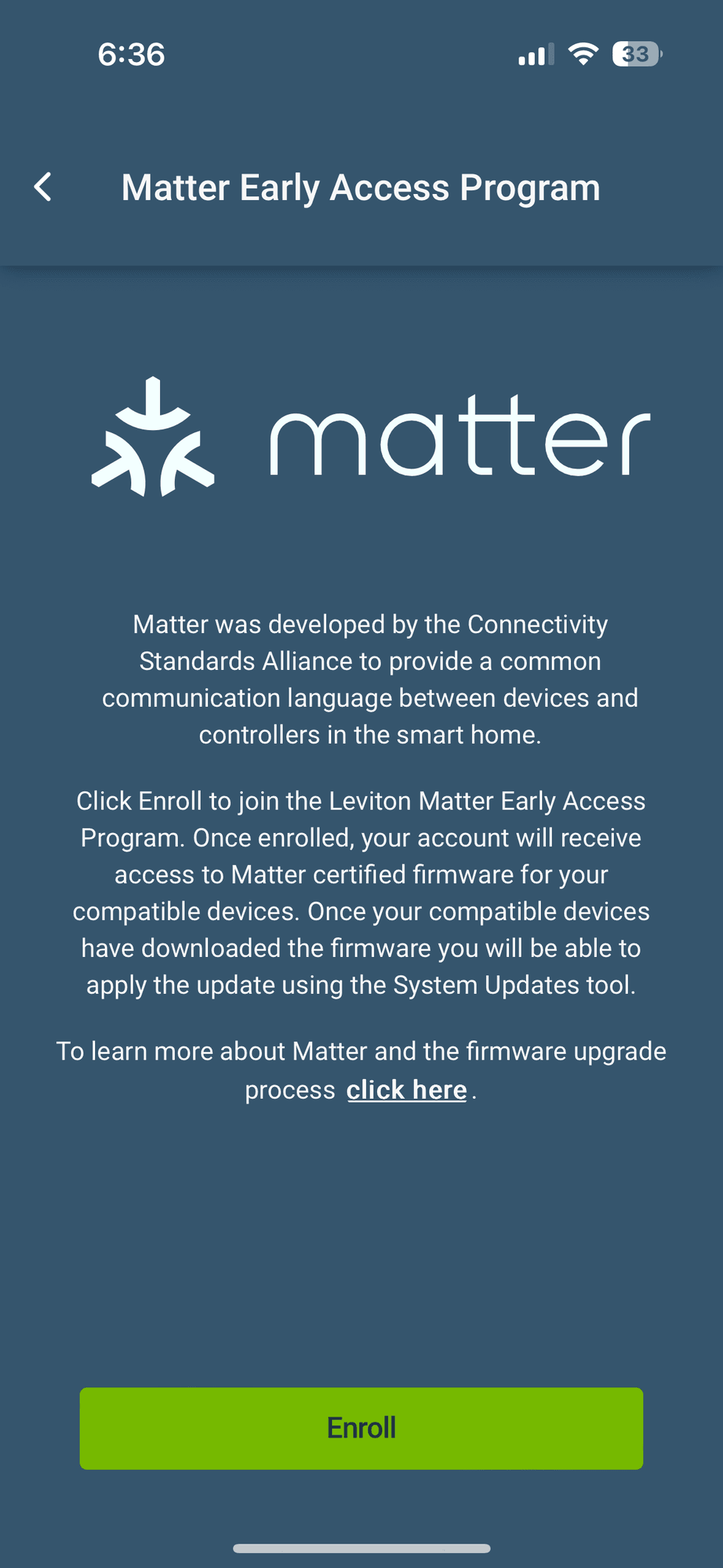 a screenshot of Leviton's Matter Early Access Program in the My Leviton app.