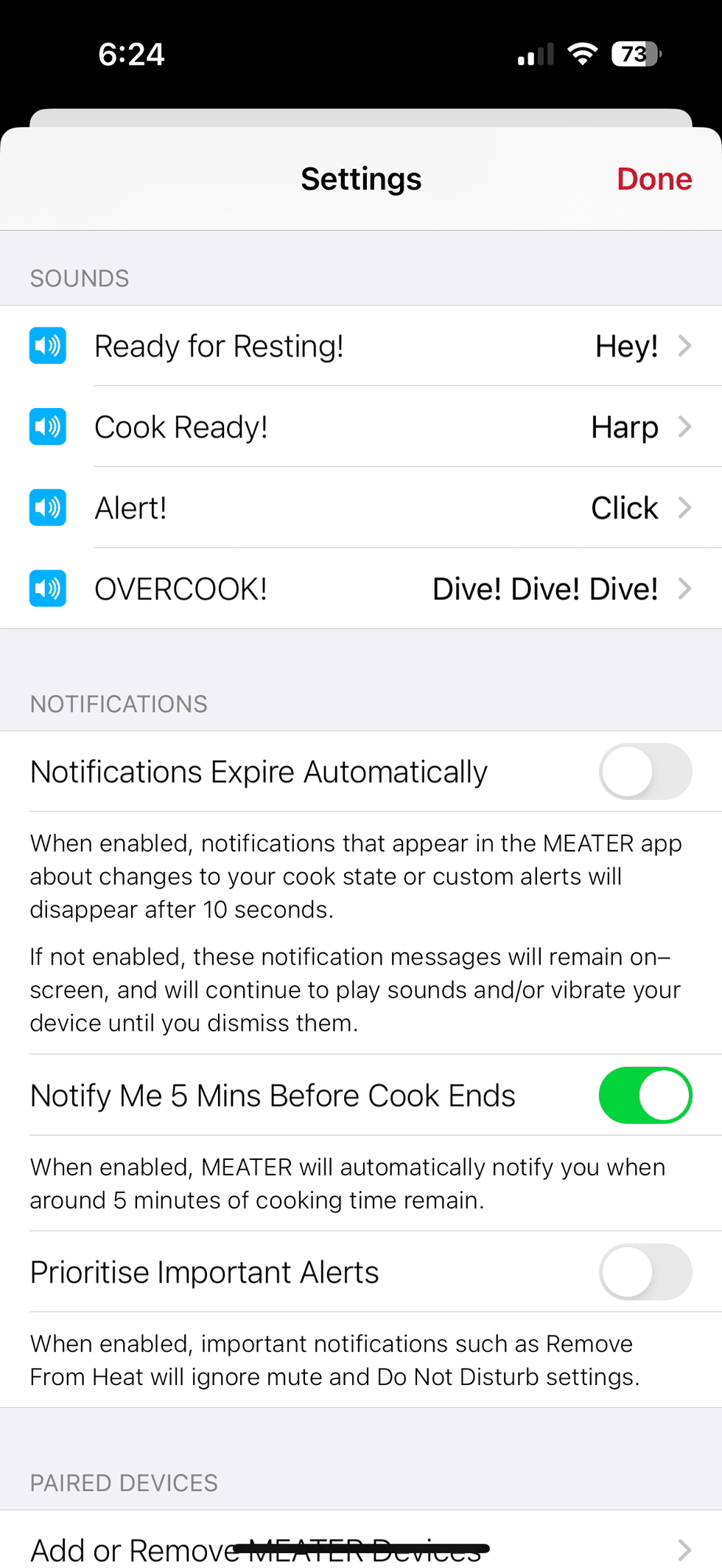 a screenshot of MEATER app's settings