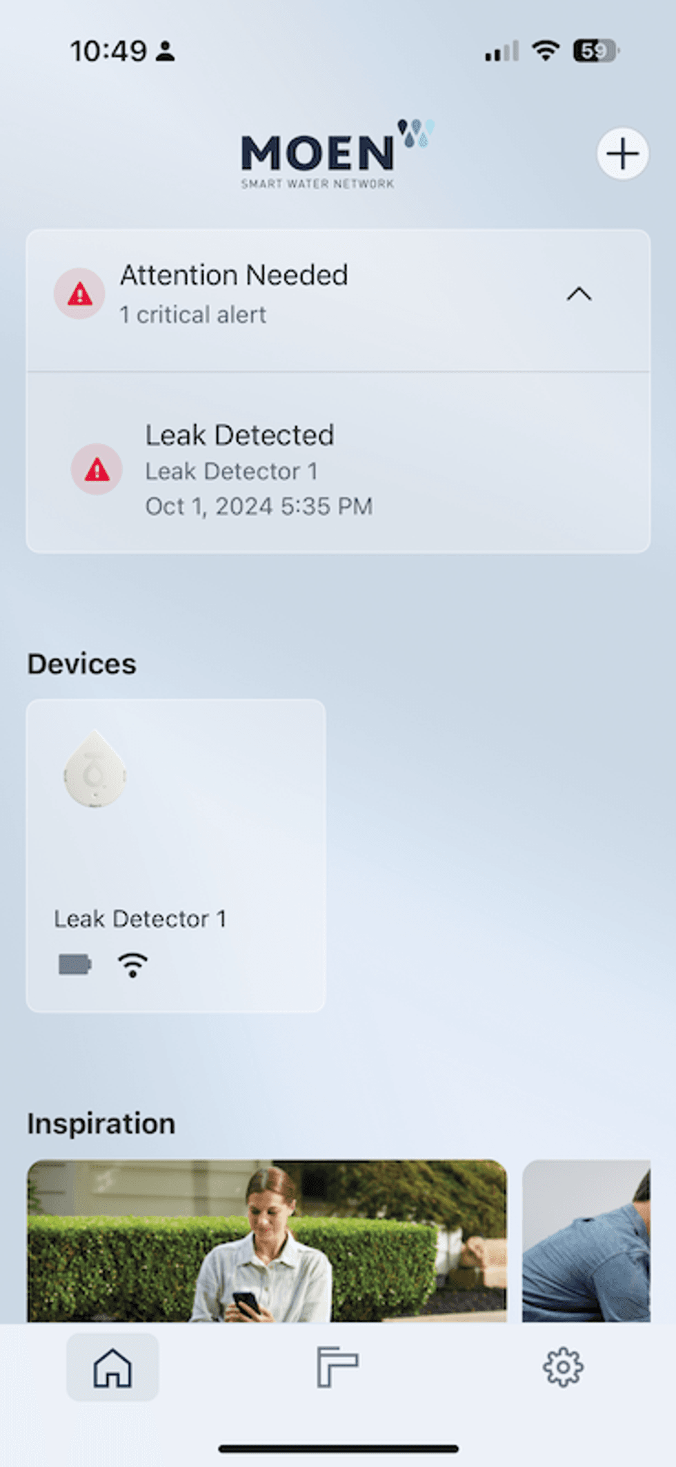 a Screenshot of Moen app's homescreen