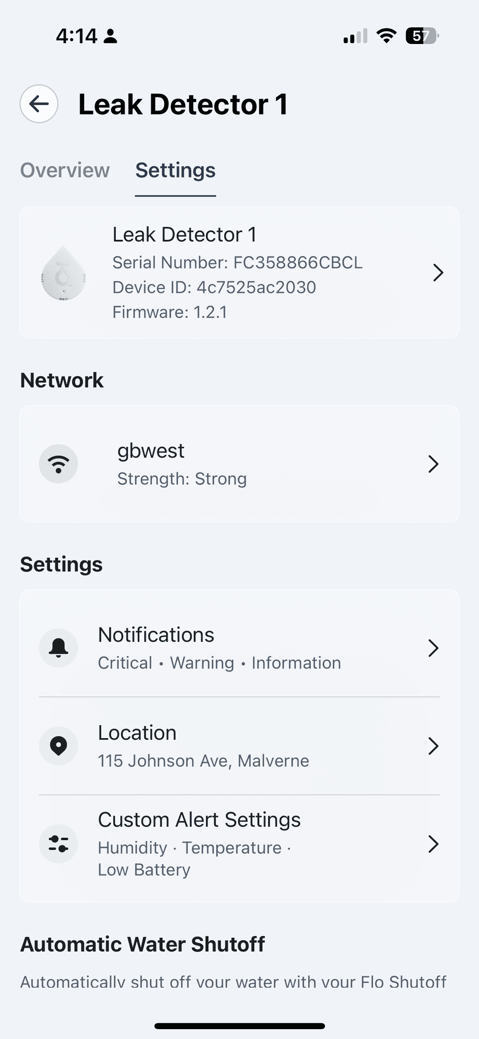 a screenshot of Moen app showing settings for Moen Smart Leak Detector