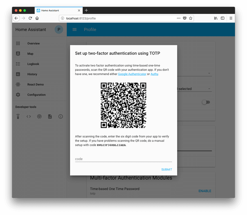 a screenshot of Multi-factor authentication on Home Assistant
