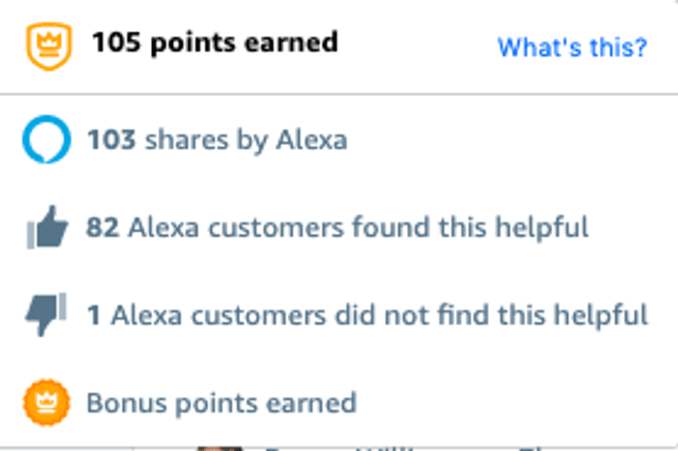 A screenshot of points earned through Alexa Answers