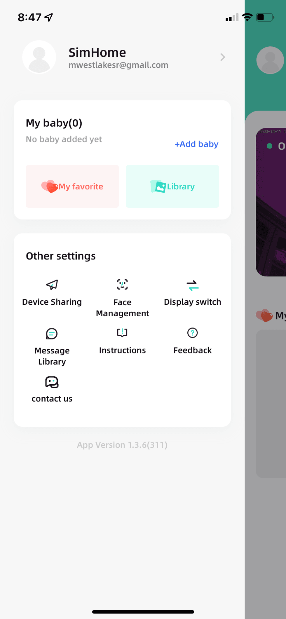 a screenshot of setting screen in SimHome app for Simshine Baby pro Monitor