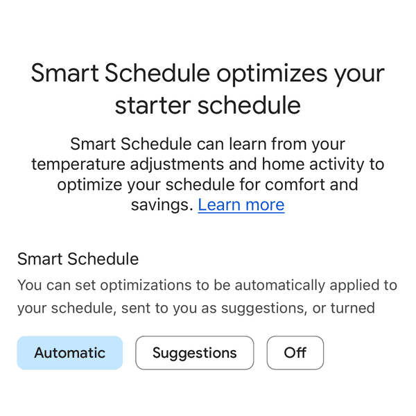a screenshot of smart schedule setup in Google Home app