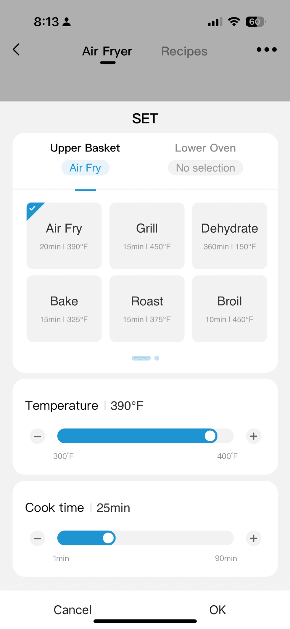 a screenshot of SmartHome app showing controls for Midea Two-Zone Air Fryer