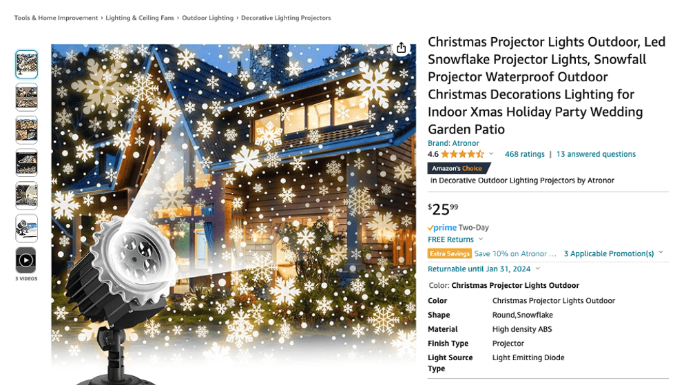a screenshot of Snowfall Projector Waterproof Outdoor Christmas Decorations Lighting being sold on Amazon