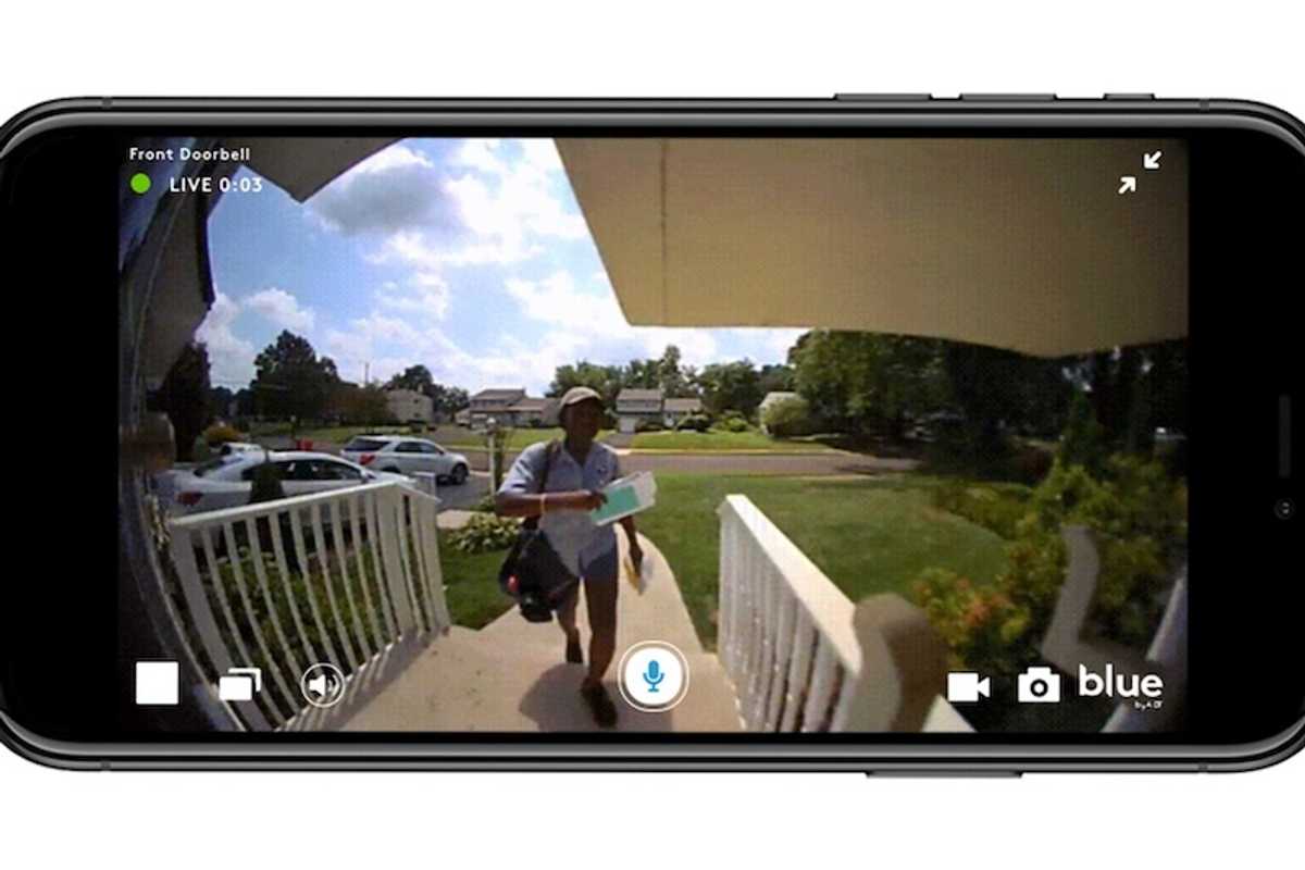 A screenshot of the Blue by ADT app open to the Blue by ADT doorbell camera view