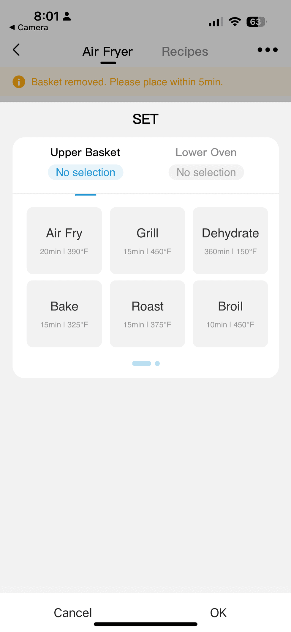 a screenshot of the cooking settings in SmartHome app for Midea Air Fryer