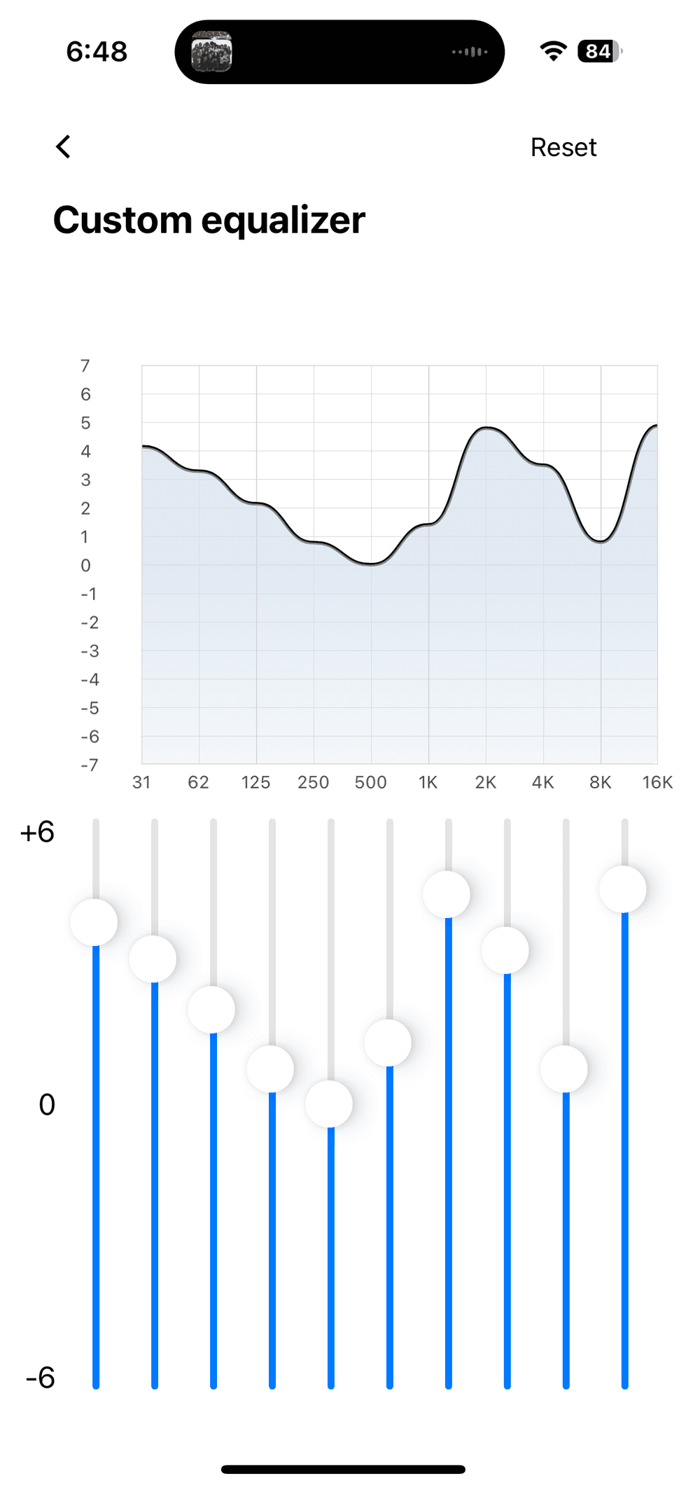 A screenshot of the customized EQ screen in the SoundPEATS