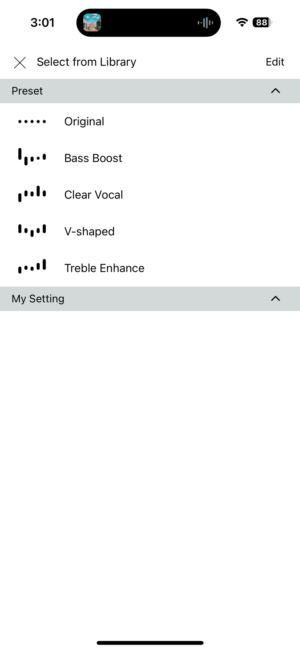 a screenshot of the presets for equalizer in the A-T app for Audio-Technica ATH-CKS50TW Wireless Earbuds
