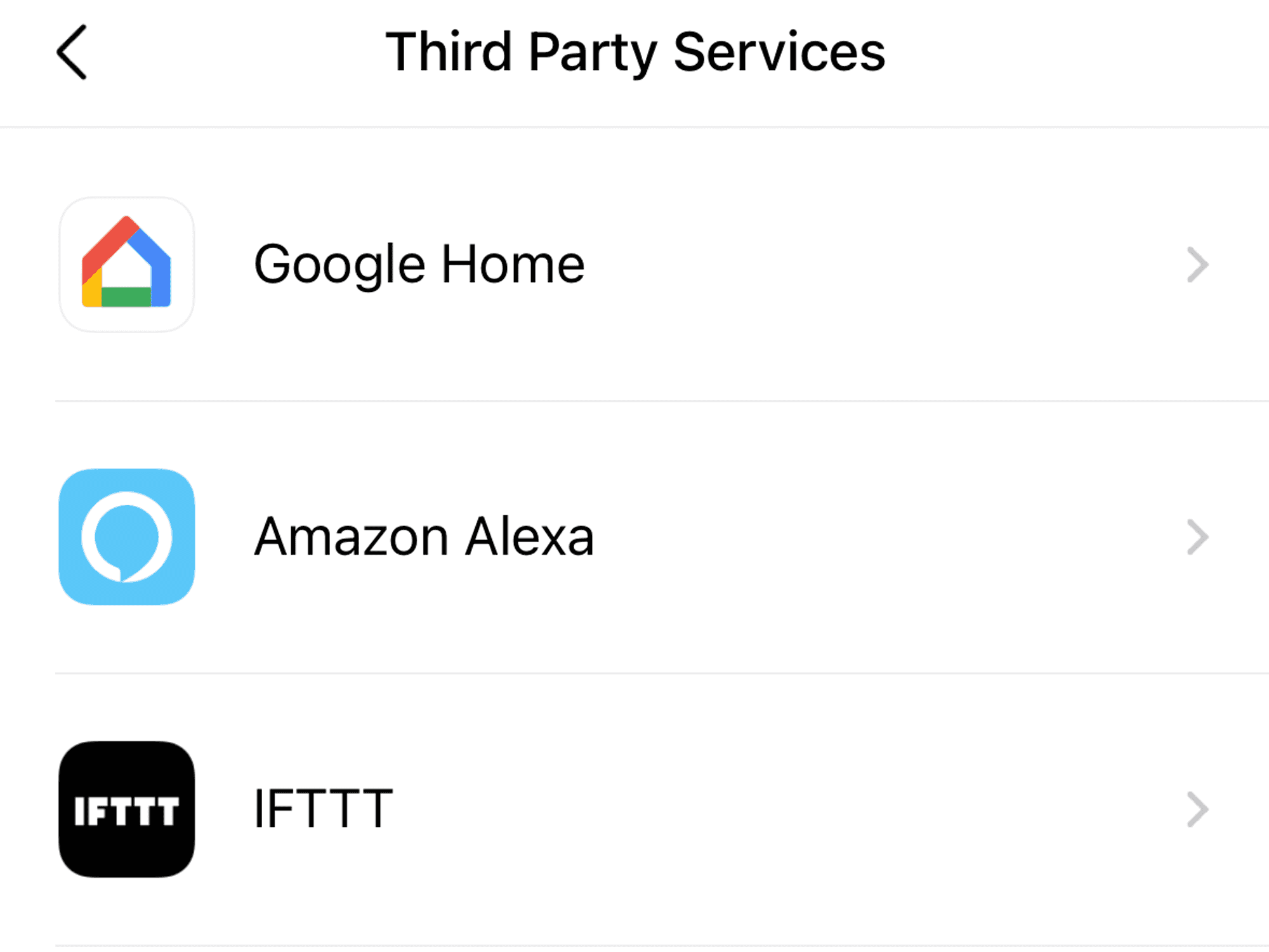 a screenshot of the section in SmartHome app for third party integrations like IFTTT and Amazon Alexa