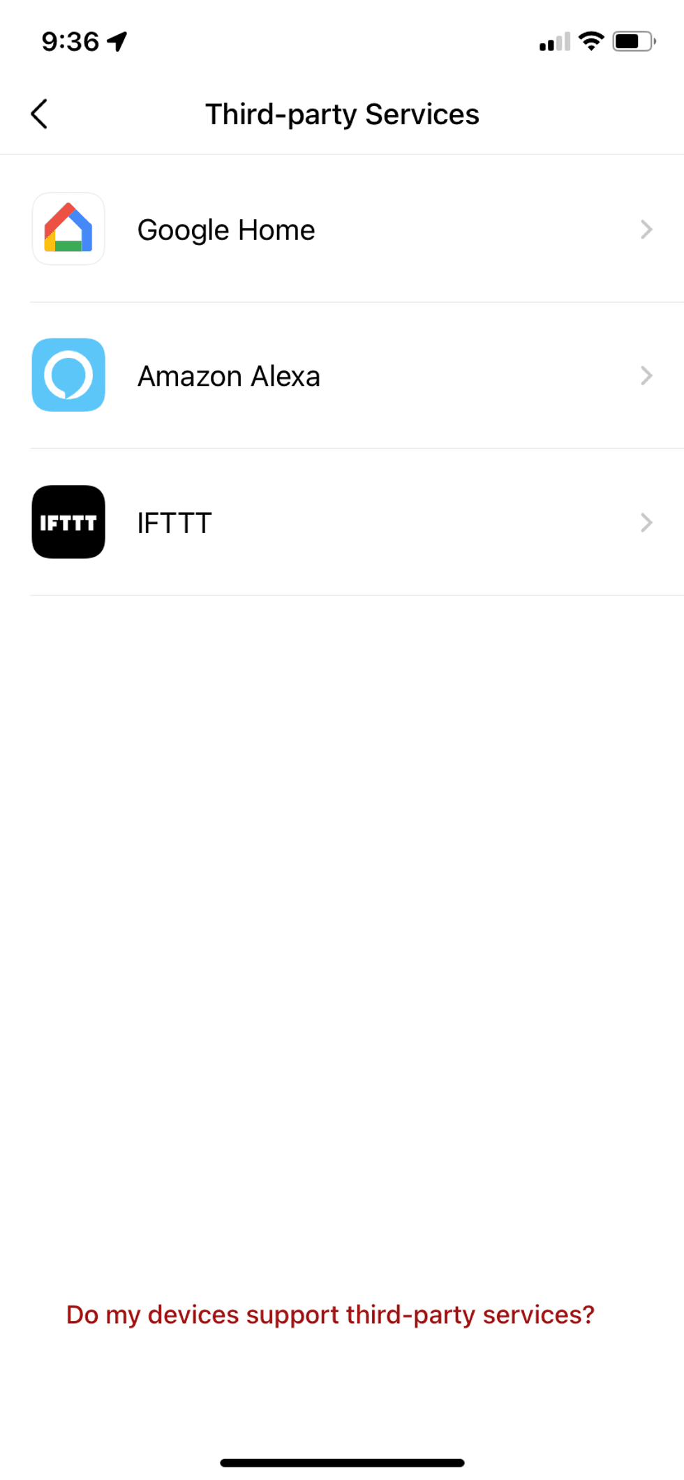 a screenshot of the TSmartLife app's Third Party integrations