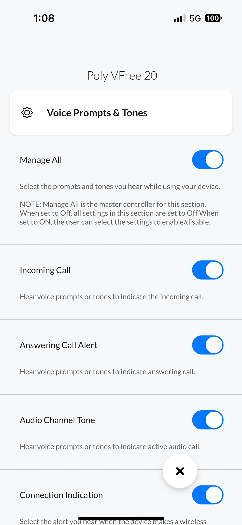 a screenshot of the voice prompt settings in Poly app