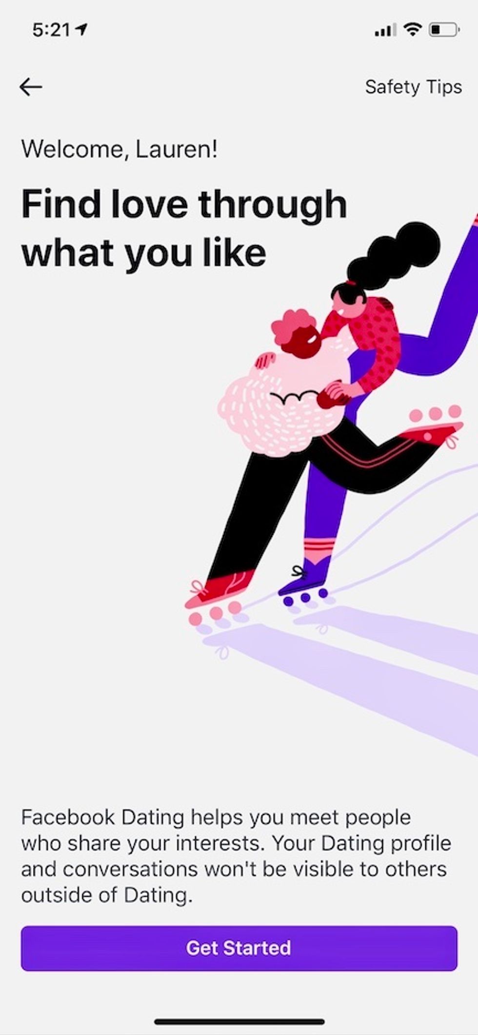 A screenshot of two figures hand drawn, ice skating, with information about Facebook Dating