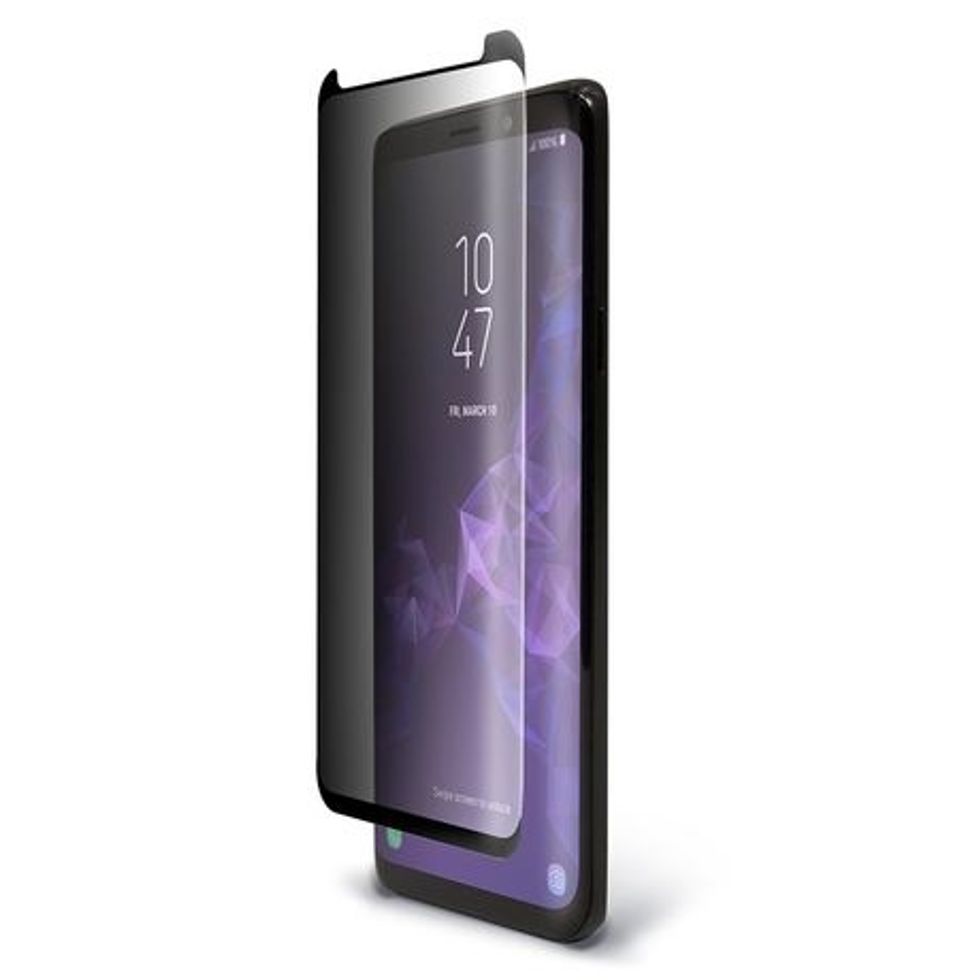 A side view of an Android smartphone, with a curved, darker screen half on top of it