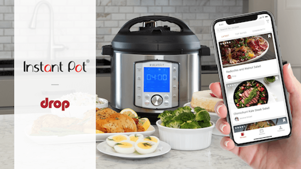 A smartphone with recipes on the screen and an Instant Pot in the background