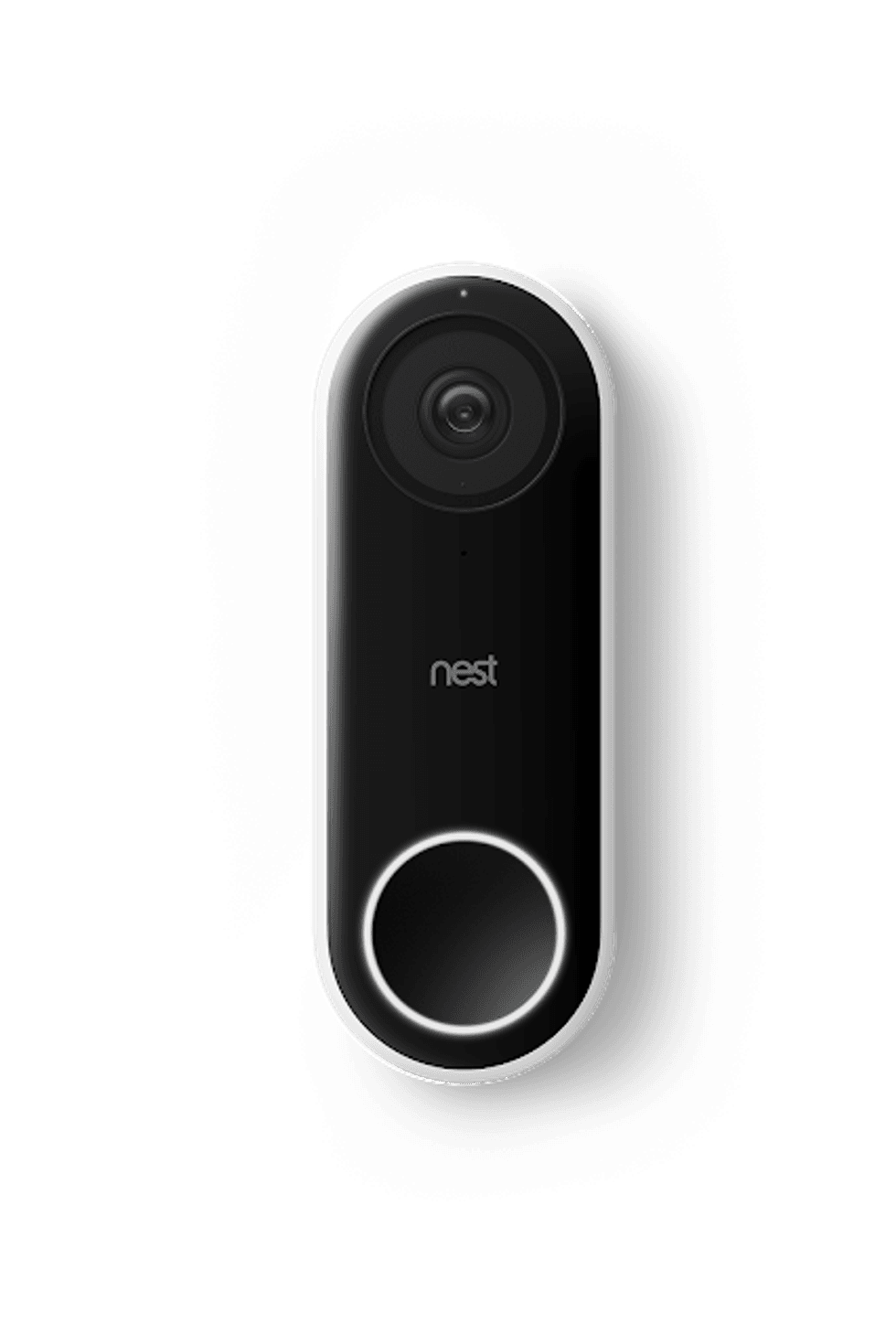A video doorbell, in black, with a button at the bottom, and the word nest on it