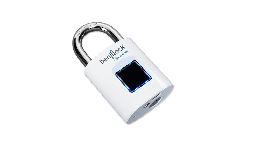 A white Benjilock with a fingerprint sensor in the middle