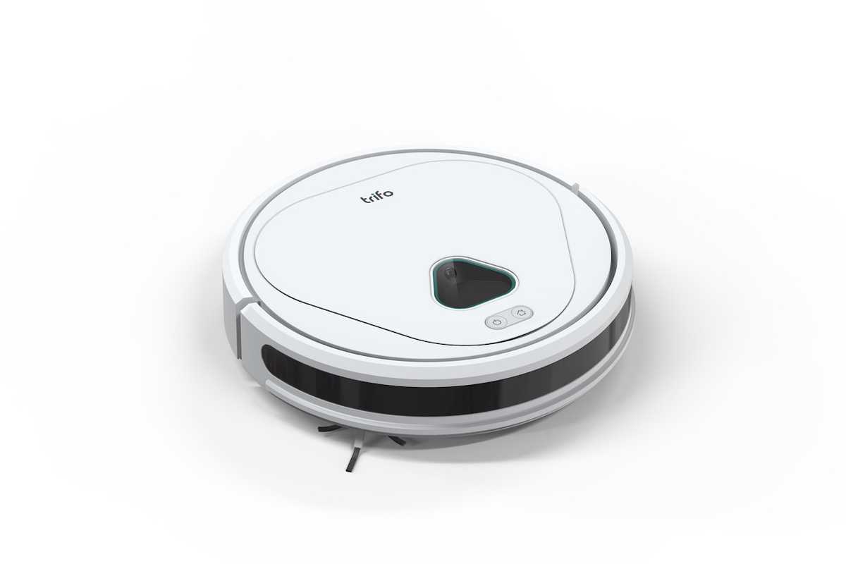 A white, round robot vacuum with a triangle window, and the word "trifo" on the top