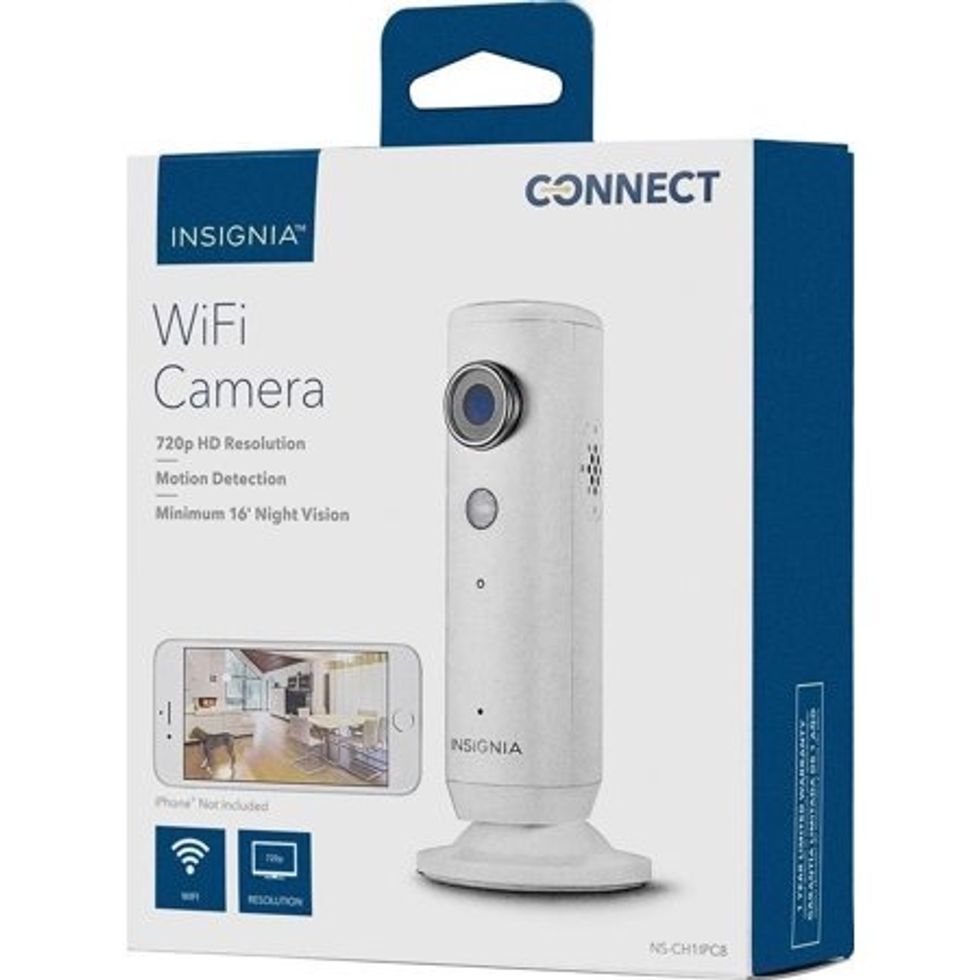 A white WiFi camera on the front of a white product box