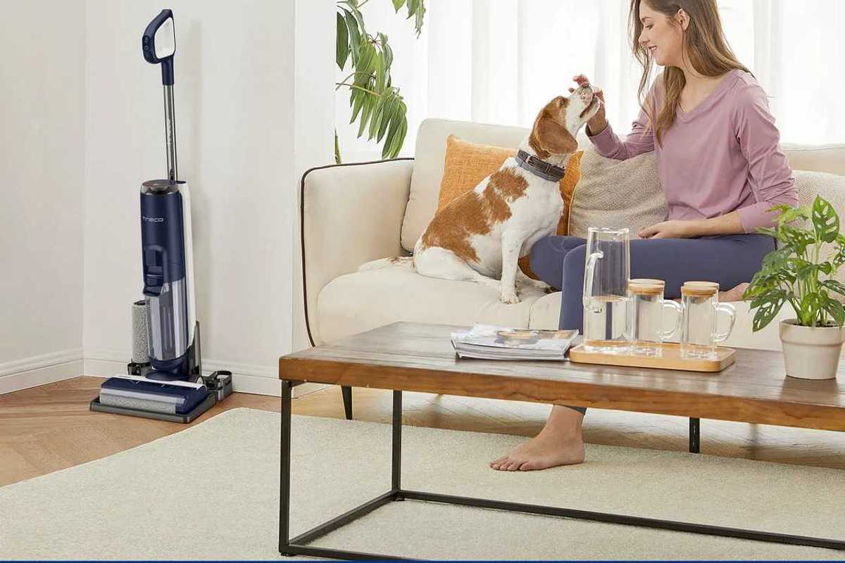 a woman sitting on a couch with her dog and a Tineco Dry Vacuum is in the corner.