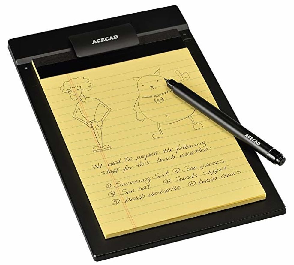 A yellow paper notepad and black pen from Acecad that can transfer notes to an app