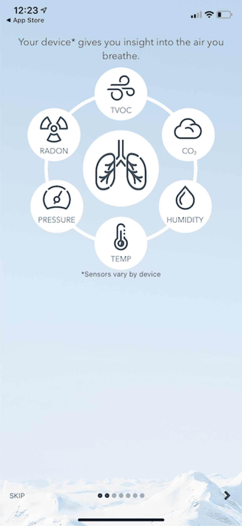airthings app shows what your Airthings wave mini tracks in your home.