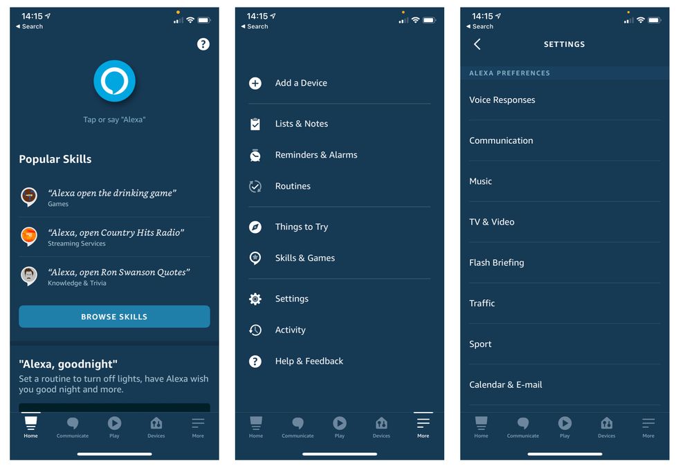 Alexa app settings pages